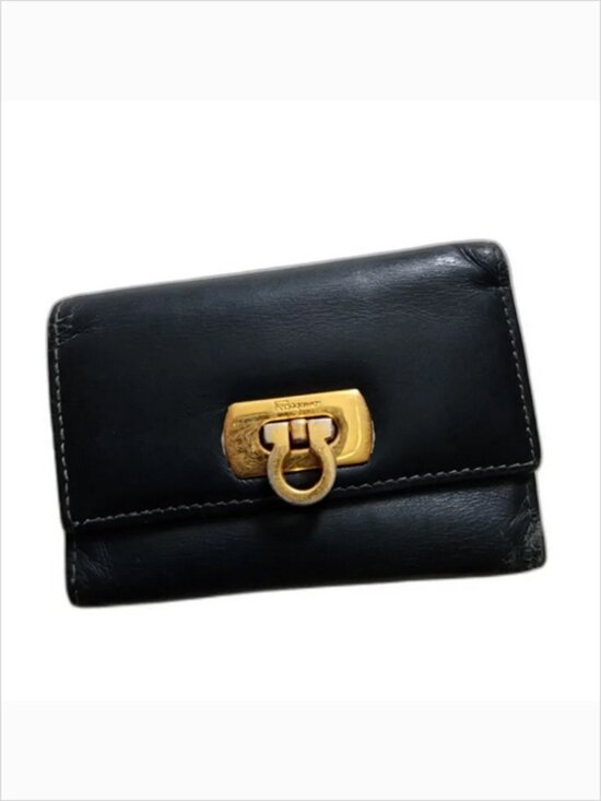 Salvatore Ferragamo Accessories - Salvatore Ferragamo Black Leather Gancini Trifold Key Case Wallet Italy